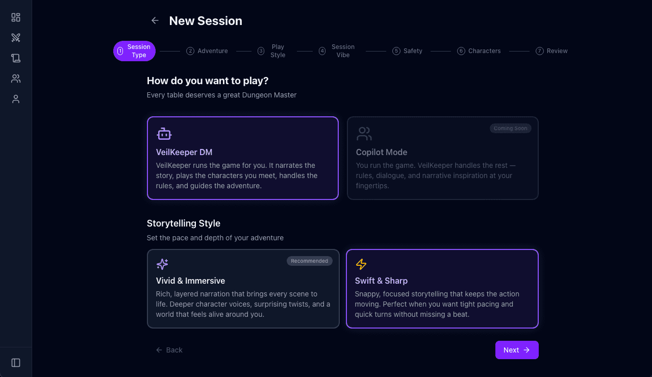 New Session — choose VeilKeeper DM or Copilot Mode