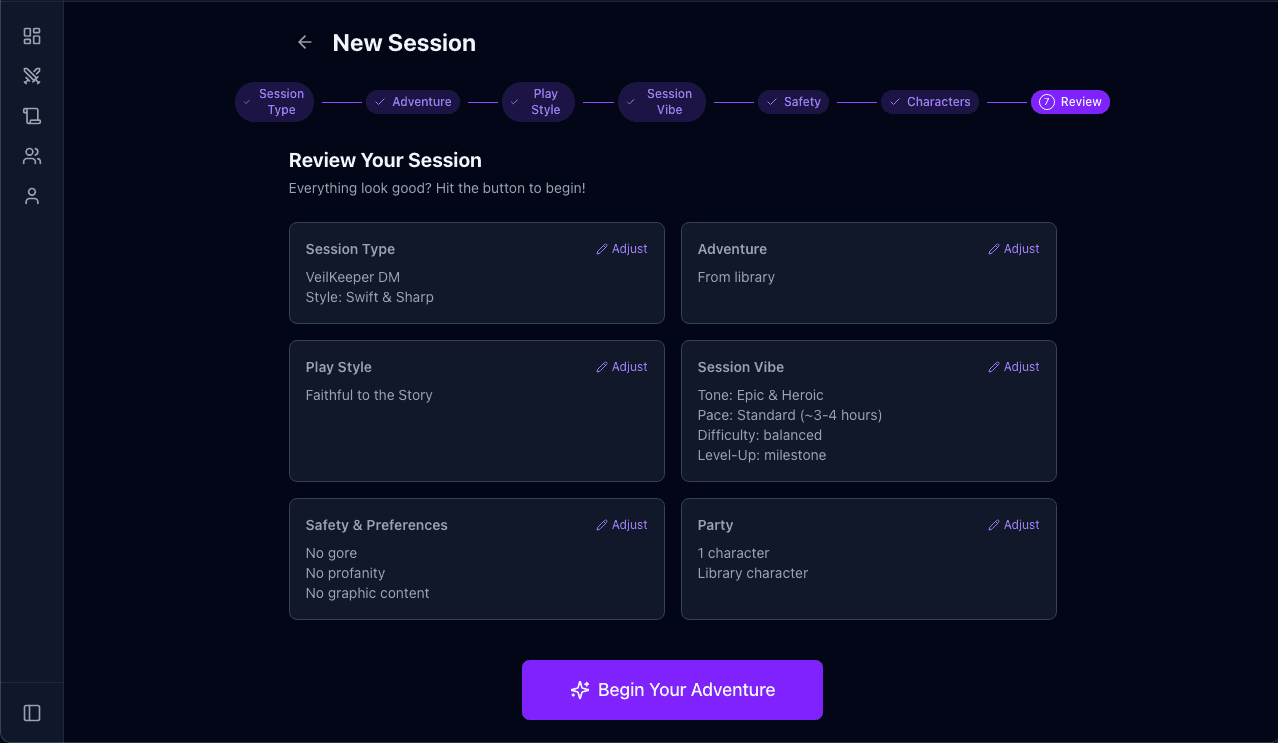 Review — confirm session settings before starting
